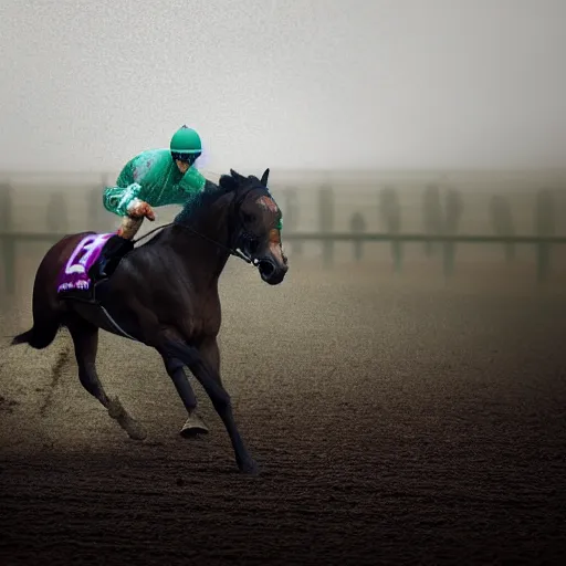 Image similar to close up front view of dense fog at a horse racing track. a glistening stallion ( ridden by a jockey in colorful outfit ) suddenly emerges from the fog head first, galloping extremely hard to win a race. professional, digital art, photorealistic, cinematic.