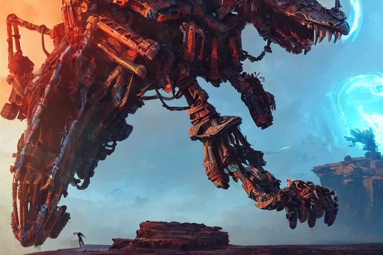 Image similar to thunderjaw machine mecanical creature robot of horizon forbidden west horizon zero dawn radiating a glowing aura global illumination ray tracing hdr fanart arstation by ian pesty and alena aenami artworks in 4 k