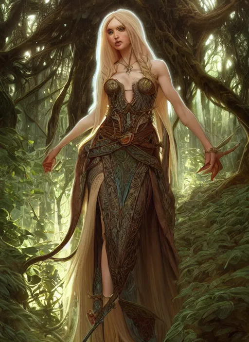 Image similar to full body of a fantasy elf female sorceress queen with long hair flowing in an ancient forest filled with magic, highly detailed, digital painting, artstation, smooth, sharp focus, illustration, art by artgerm and greg rutkowski and alphonse mucha, intricate dress, fine face