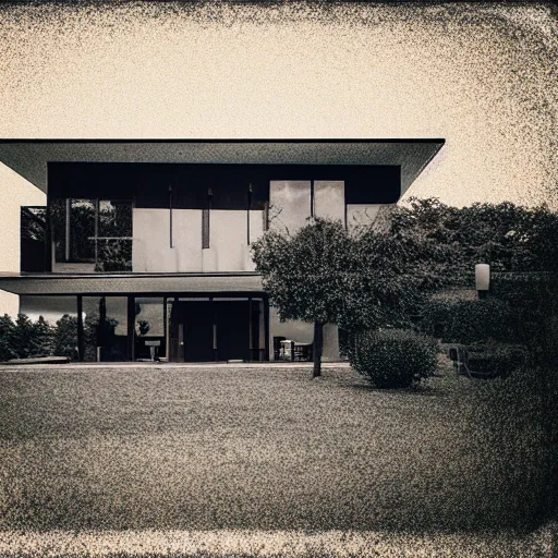 Prompt: modern house on the lake, artwork by bill stoneham, mystic, melancholy, pinhole analogue photo quality, lomography, blur, unfocus, cinematic, foil effect, holographic effect, monochrome
