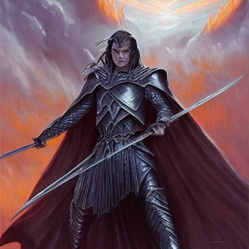 Image similar to Fingolfin duels Morgoth, Silmarillion, fantasy, concept art, high detail, artist Magali Villeneuve