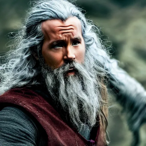 Prompt: Ryan Reynolds as Gandalf the wizard, highly detailed, high quality, HD, 4k, 8k, Canon 300mm, professional photographer, 40mp, lifelike, top-rated, award winning, realistic, sharp, no blur, edited, corrected, trending