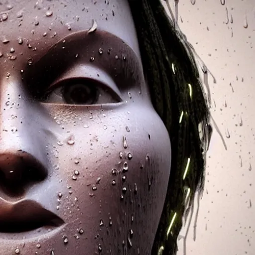 Image similar to human face sculpture made out of rain, neon, rendered in octane, unreal engine, highly detailed, fantasy, realistic, beautiful, cinematic