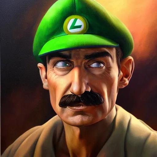 Prompt: An ultra realistic portrait painting of Luigi in the style of Frank Frazetta, 4k, Ultrarealistic, Highly Detailed, Dark Fantasy, Epic Lighting