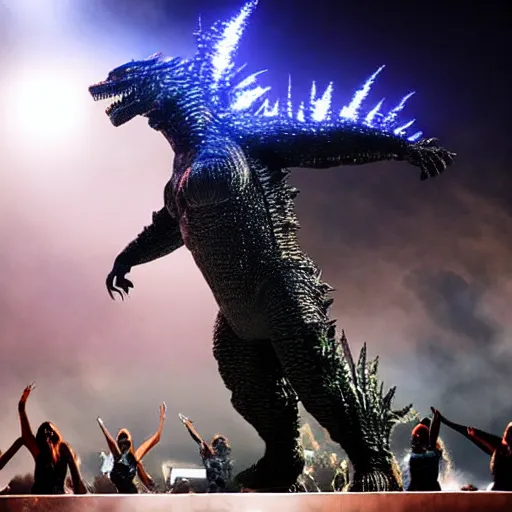 Image similar to Godzilla as Beyoncé performing on stage at Coachella, photo