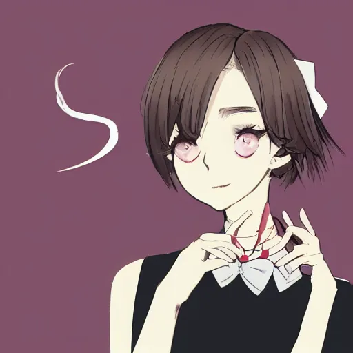 Image similar to portrait of a girl with short brown hair, wearing a white blouse and black choker, smoking a cigarette, drawn by WLOP, by Avetetsuya Studios, attractive character, colored sketch anime manga panel, unsaturated, dull colors, trending on Artstation