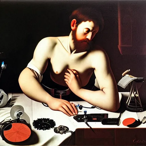 Image similar to man fixing his computer, painting by caravaggio
