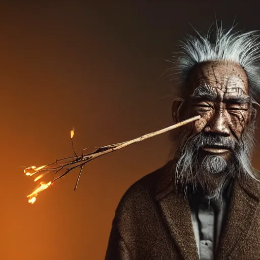 Prompt: full body shot of floating old asian man with long beard, his head covered in roots, full face occult silver mask, glowing eyes, wearing a large carved wooden fractal stick, smoke around him, in the burning soil desert, cinematic shot, wide angle, desert background, dry volumetric lighting by Denis Villeneuve, Lubezki, Gaspar Noe Christopher Doyle and Alejandro Jodorowsky, anamorphic lens, anamorphic lens flares, kodakchrome, cinematic composition, practical effects, award winning photo, 8k