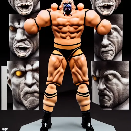 Image similar to Full body shot of a highly detailed flexible Triple H vinyl plastic figurine as a villain, highly detailed face, white background, 3d, high quality, depth of field, high contrast, 8k, concept art, smooth, sharp focus, highly detailed, wrestling, WWE