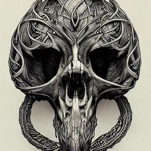 Prompt: beautiful portrait artwork of a viking skull by Aaron Horkey, featured on artstation