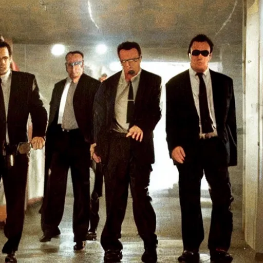 Image similar to six thugs, who are strangers to each other, are hired by a crime boss, joe cabot, to carry out a diamond robbery, cinematic light, movie scene, reservoir dogs, tarantino