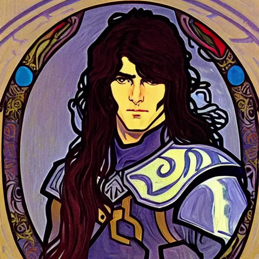 Image similar to painting of handsome beautiful paladin elf! man with long wavy dark hair in his 2 0 s named shadow taehyung at the blueberry party, wearing armor!, elegant, clear, painting, stylized, delicate, soft facial features, art, art by alphonse mucha, vincent van gogh, egon schiele,