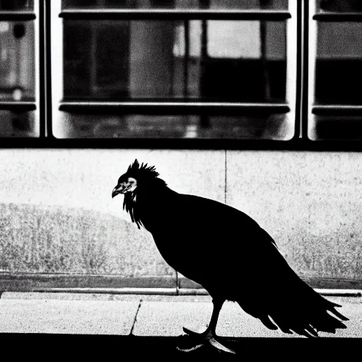 Prompt: dramatic photo of an emo chicken sitting at a bus stop, heartbreaking, emotional, black and white, focal point, closeup, inspirational.