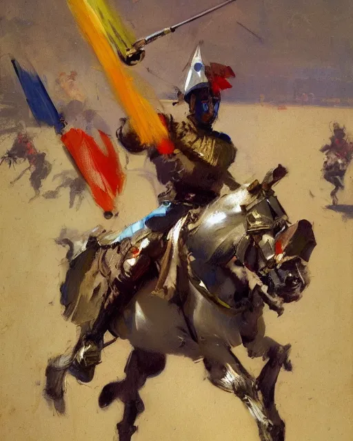 Image similar to close - up portrait of colorful rider pointing jousting lance at camera, caparisons, galloping, chainmail, by greg manchess, bernie fuchs, ruan jia, walter everett