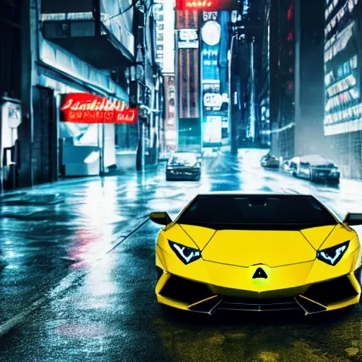 Image similar to Lamborghini in a cyberpunk street, realistic, high details, rain, night, 4k