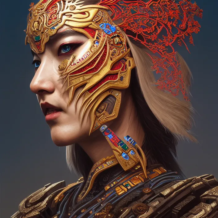 Image similar to symmetry! portrait of a hybrid angry warrior, face decorated with chinese opera motifs, leds horizon zero dawn machine, intricate, elegant, highly detailed, digital painting, artstation, concept art, smooth, sharp focus, illustration, art by artgerm and greg rutkowski and alphonse mucha, 8 k