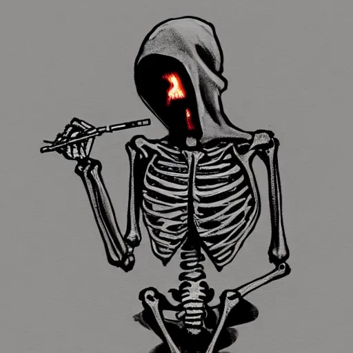 Prompt: a skeleton in a hoodie sitting on the street smoking a cigarette at night, painting artstation dark style