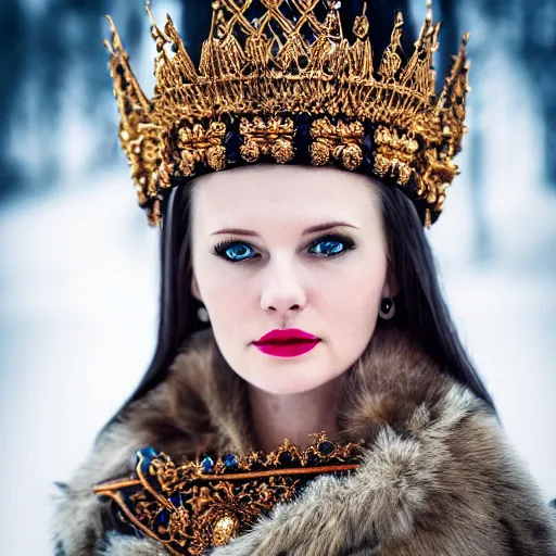 Prompt: portrait photograph of a very beautiful nordic queen with ornate cloak, highly detailed, 4k, HDR, smooth, sharp, focus, hyper realistic, high resolution, award-winning photo, bokeh, graflex camera, super resolution