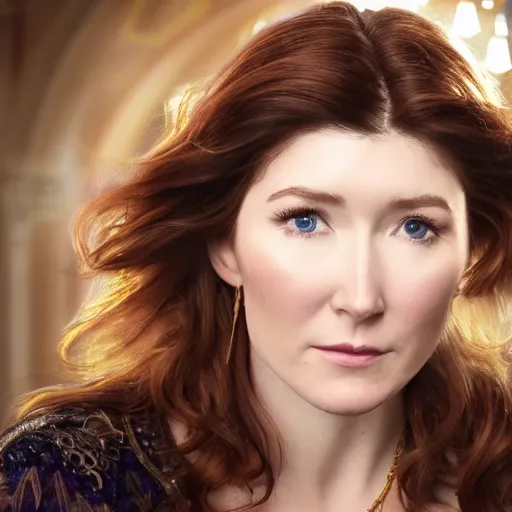 Prompt: realistic portrait of a beautiful Jewel Staite made of gold, Victorian architecture, ultra realistic, 8k