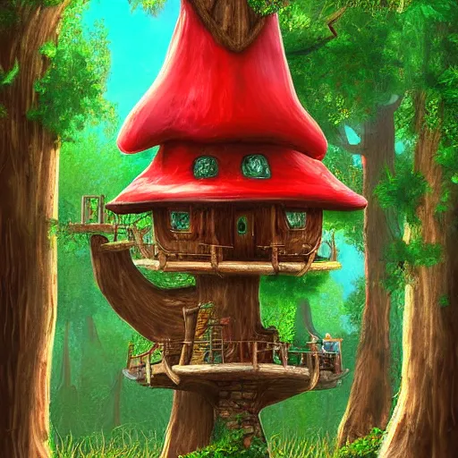 Prompt: a gnome treehouse surrounded by trees and red mushrooms with a deer digital art