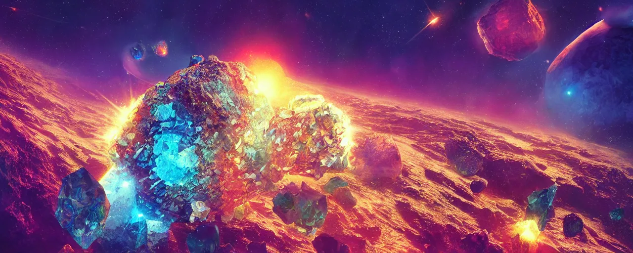 Image similar to asteroid made of shiny donald trump and crystals, [ shards, facets, by paul lehr, cinematic, detailed, epic, widescreen, opening, establishing, mattepainting, photorealistic, realistic textures, octane render ]