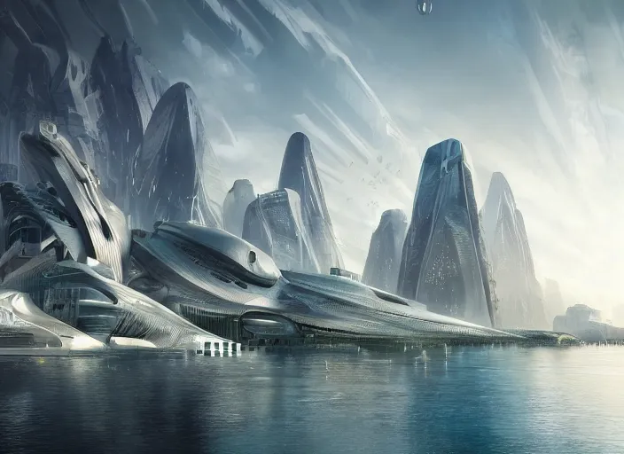 Image similar to a futuristic city surrounded by water and mountains, a detailed matte painting by Zaha Hadid, trending on cgsociety, retrofuturism, matte painting, concept art, artstation