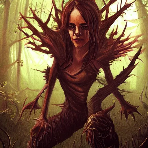 Image similar to emma watson as a goblin, dark forest, dnd art, fantasy art