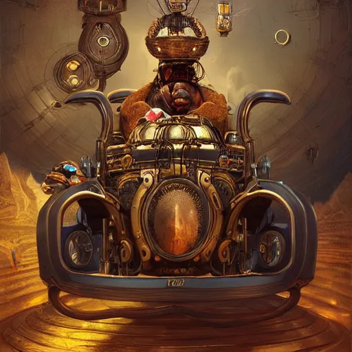 Prompt: an african scientist with a gigantic!! head in a very decadent and ornate steampunk wheelchair, by android jones and greg rutkowski and fernando botero in a surreal portrait style, wide angle dynamic portrait, overwatch character art, digital illustration highly detailed, extremely symmetrical, rim lighting, 8 k, hd