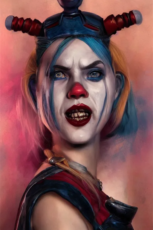 Prompt: a full body high detail fantasy portrait oil painting illustration of harley quinn by justin sweet with face and body clearly visible, in a scenic background, pretty eyes, realistic proportions, d & d, rpg, forgotten realms, artstation trending, high quality, sombre mood, artstation trending, muted colours, entire person visible!