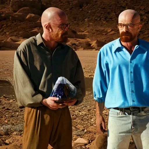 Image similar to Jesus and walter white holding ziploc bags of crystal blue meth, in the desert, film still, 4k, photorealistic, hd