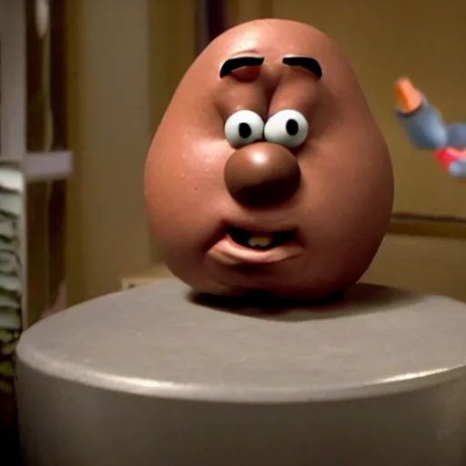 Image similar to mr potato head time bomb, in the cinematic style of diehard, tense