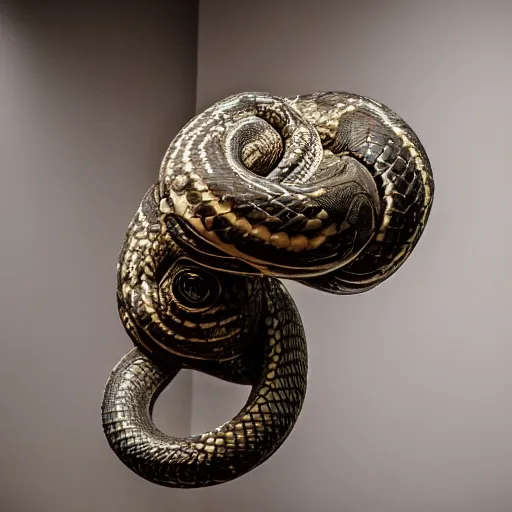 Image similar to giant and oversized coiled snake with a metallic skull as the head, room interior, dark fantasy, XF IQ4, f/1.4, ISO 200, 1/160s, 8K, RAW, unedited, symmetrical balance, in-frame