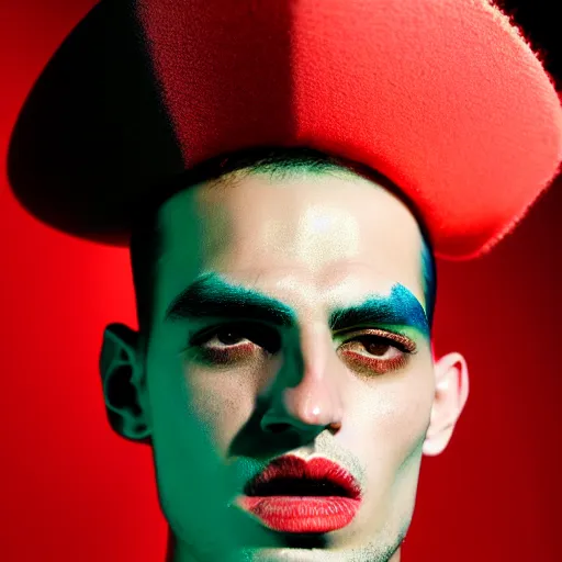 Image similar to representation of Toni mahfud with a sensual facial expression, tim walker photography, rim light, full frame, cinematic lighting, photo-realistic, men's fashion of year photography, colour splash, studio lighting