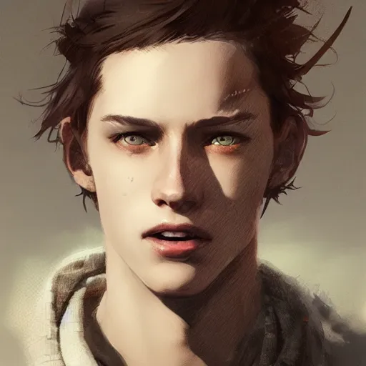 Image similar to portrait of a very feminine teenage boy with blue eyes and brown hair, smiling, wearing an oversized sweater, dramatic lighting, illustration by Greg rutkowski, yoji shinkawa, 4k, digital art, concept art, trending on artstation