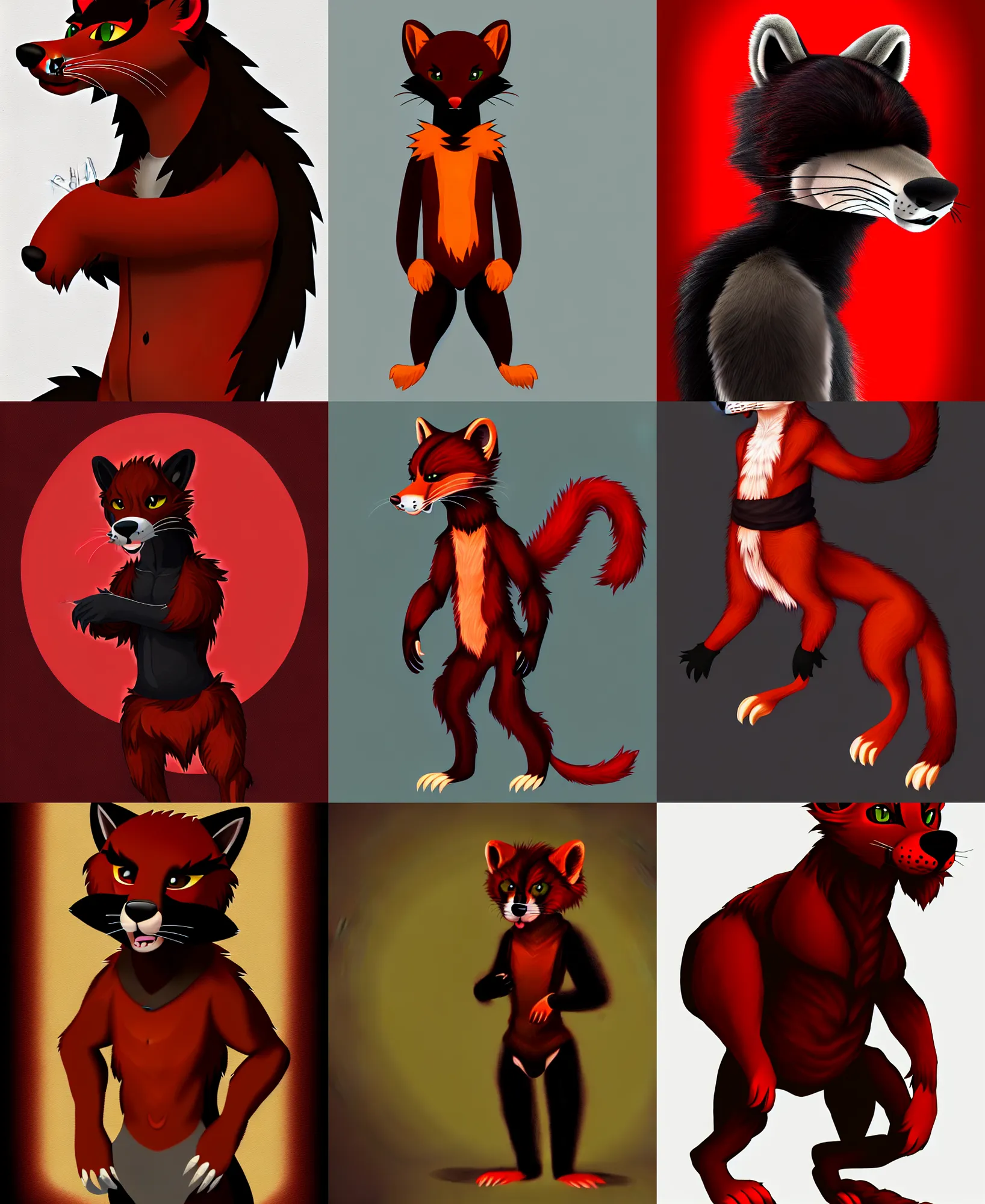 Prompt: fullbody photoshoot portrait of a roguish male red - black furred weasel furry fursona, photorealistic