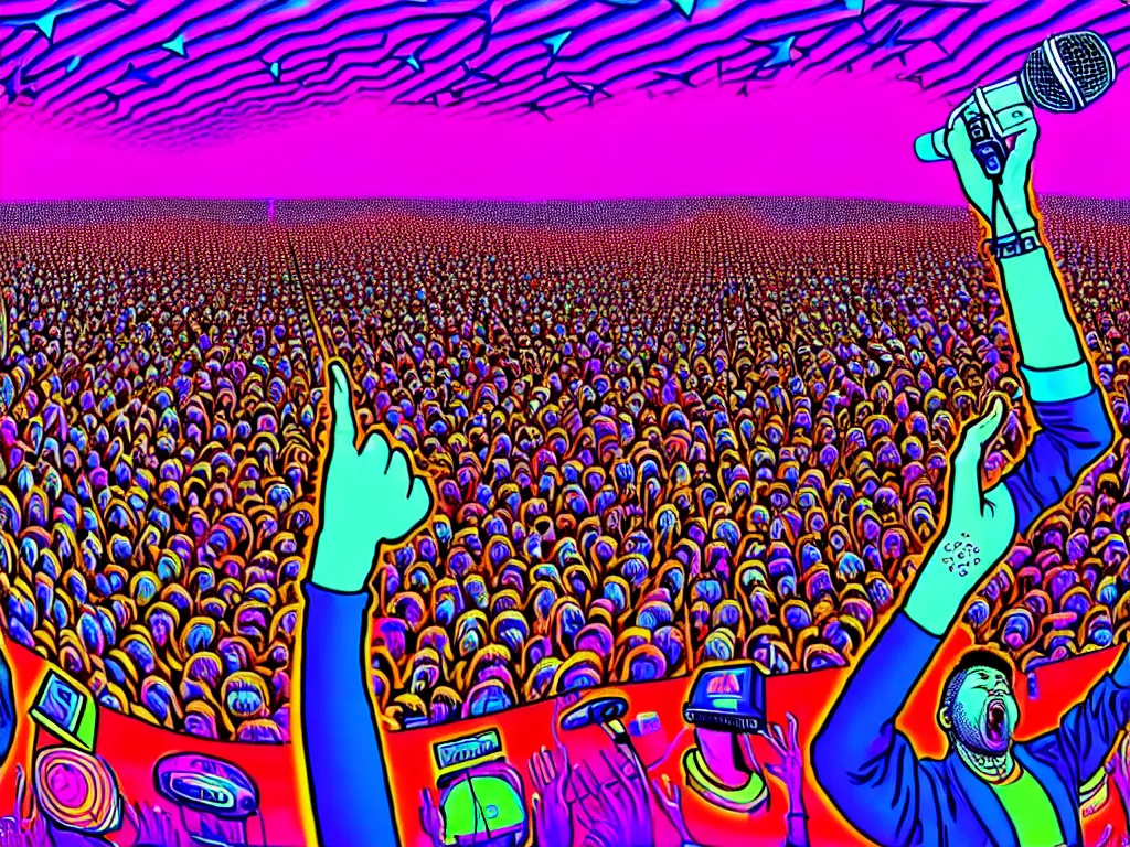 Image similar to rapping on stage at festival, holding microphone, giant crowd, epic angle, happy, psychedelic, hip hop, surreal, neon, vaporwave, detailed, illustrated by Alex Grey, 4k