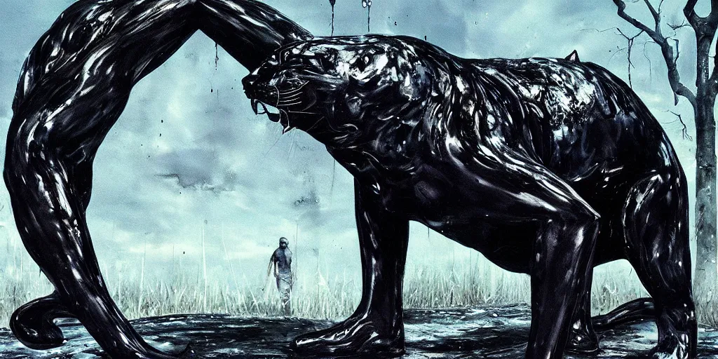 Prompt: the panther made of black goo, dripping tar, drooling ferrofluid, prowling through a suburban neighborhood. painting, environment art, realistic, detailed