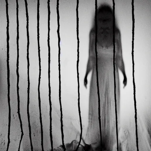 Prompt: sleep paralysis hag, black and white, blurred, 3 am, photo