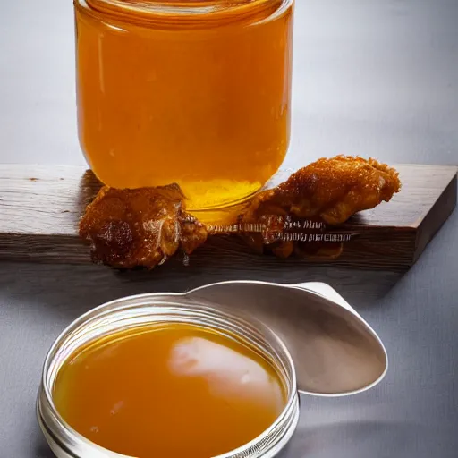 Image similar to chicken honey, honey with fried chicken floating inside the jar, we make our honey fresh with batches of chicken, food product promo, studio photography