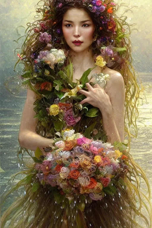 Prompt: portrait of a beautiful mysterious drenched woman holding a bouquet of flowing flowers, drenched clothing, wet dripping long hair, hands hidden under the bouquet, emerging from the water, fantasy, regal, intricate, by stanley artgerm lau, greg rutkowski, thomas kindkade, alphonse mucha, loish, norman rockwell