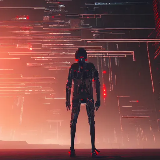 Prompt: photo of death walking in a futuristic city in a dystopian future made of electronic components and looks like a giant pcb board. Very detailed 8k. Unreal engine 5 render with nanite, global illumination and path tracing. Cinematic post processing. Emphasize on the colors black and red.