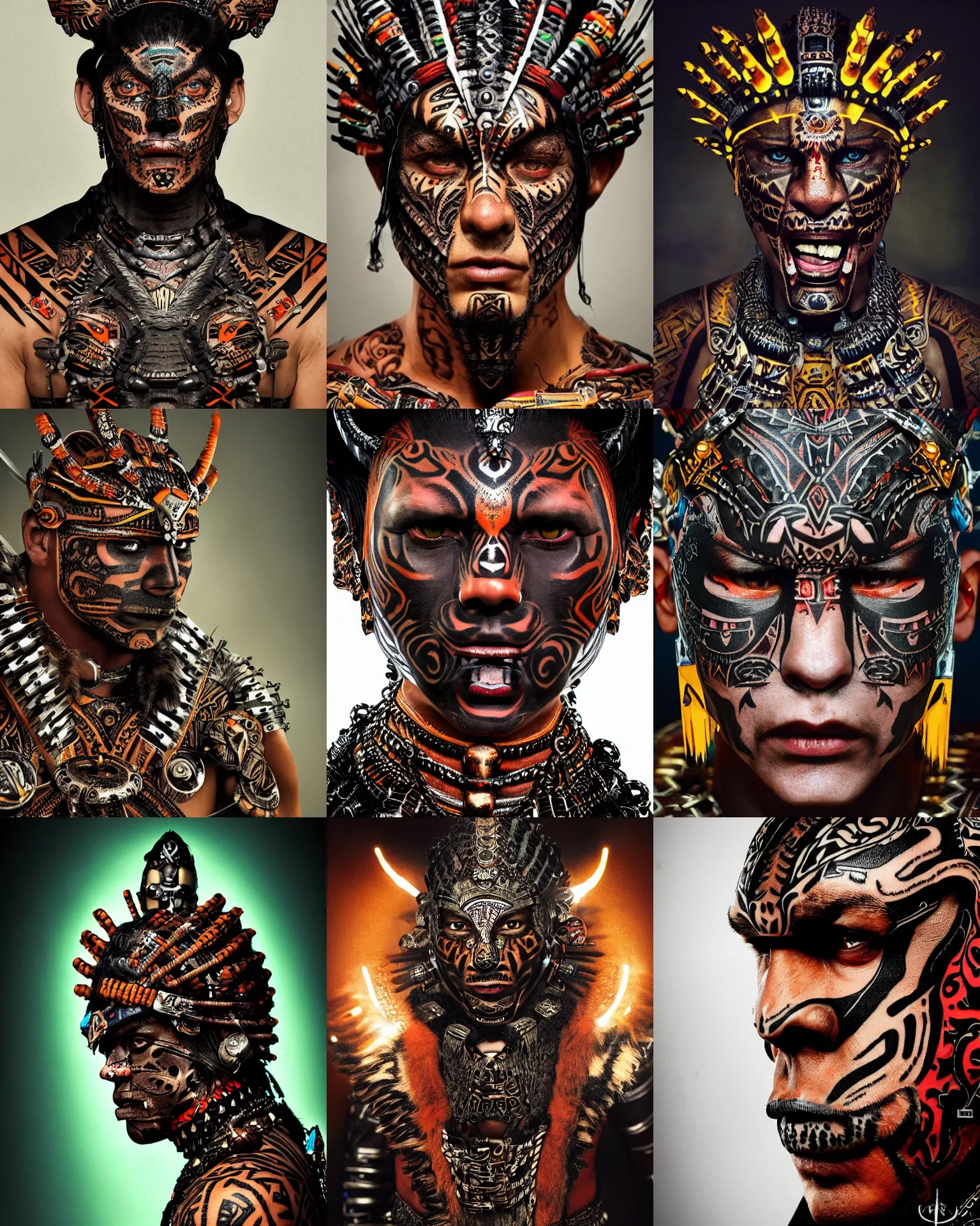Prompt: editorial photo portrait of aztec jaguar warrior with glowing tribal futuristic tattoos on face, warrior body, photo by mario testino, cinematic, hyper detailed, micro details, insanely detailed, trending on artstation,dark background, dramatic lighting, cinematic angle, concept art, insanely detailed and intricate