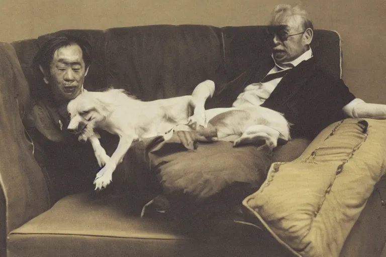 Image similar to A man leaning back on a sofa with his dog in his lap, Shinji Aramaki
