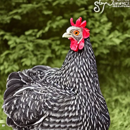 Image similar to cute!!! barred Plymouth Rock chicken, studio!! Portrait lighting, spotted with small white hearts!!