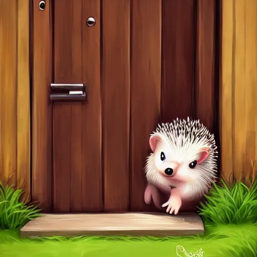 Image similar to cute adorable hedgehog opening the door, waving, smiling, cute, hedgehog, by cyril rolando