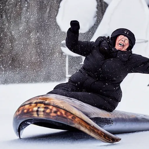 Image similar to sports illustrated photo, an elderly woman sliding down an incredibly long ice luge on her back at incredibly high speeds