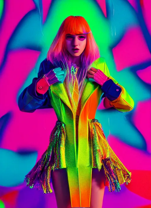 Prompt: coat for a rave, bright colors, many details, prints, photo for a magazine, photo for a store, fashion photography, Vogue, 135 mm, cinematic, hyper realism, high detail, octane render, 8k, chrome accents, very coherent symmetrical artwork, perfect face model