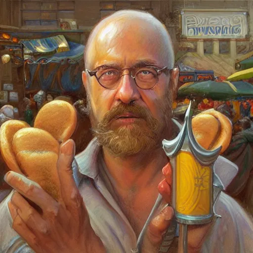 Image similar to Hot-dog stand seller, fantasy D&D, portrait art by Donato Giancola and James Gurney, digital art, trending on artstation