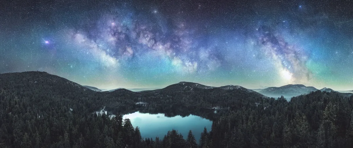 Prompt: digital photography of a ultra detailed night sky with constellations, ultra detailed milky way constellation, Perseides meteor shower, ultra detailed hill top over behind a forest with a magical blue lake, magical atmosphere, large mountains in back, concept art, low angle, high detail, warm lighting, volumetric, vivid, beautiful, trending on artstation, by Jordan Grimmer, no focus, huge scene, ultra detailed trees, F11 aperture, in the style of JIM RICHARDSON