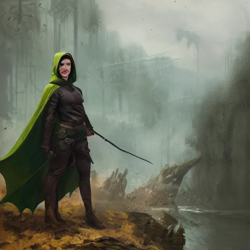 Image similar to an portrait of an hunter woman with a green cape and hoodie on, Matte painting , detailed painting, greg rutkowski